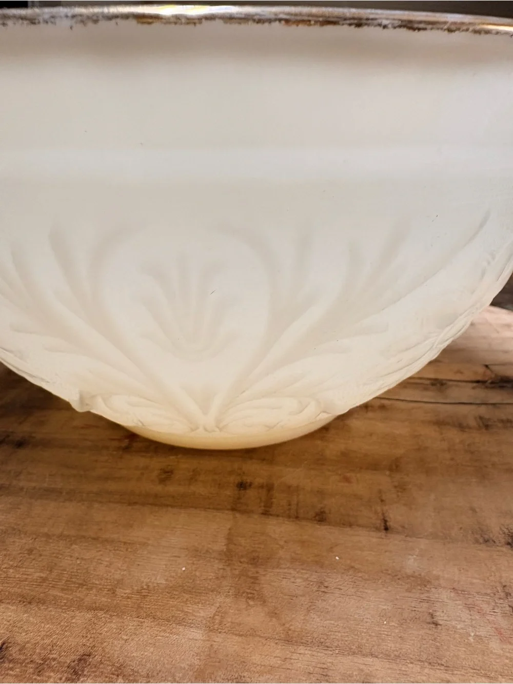 Vintage Anchor Hocking Ivory Embossed Glass Punch Bowl with Gold Rim 5”X 10”